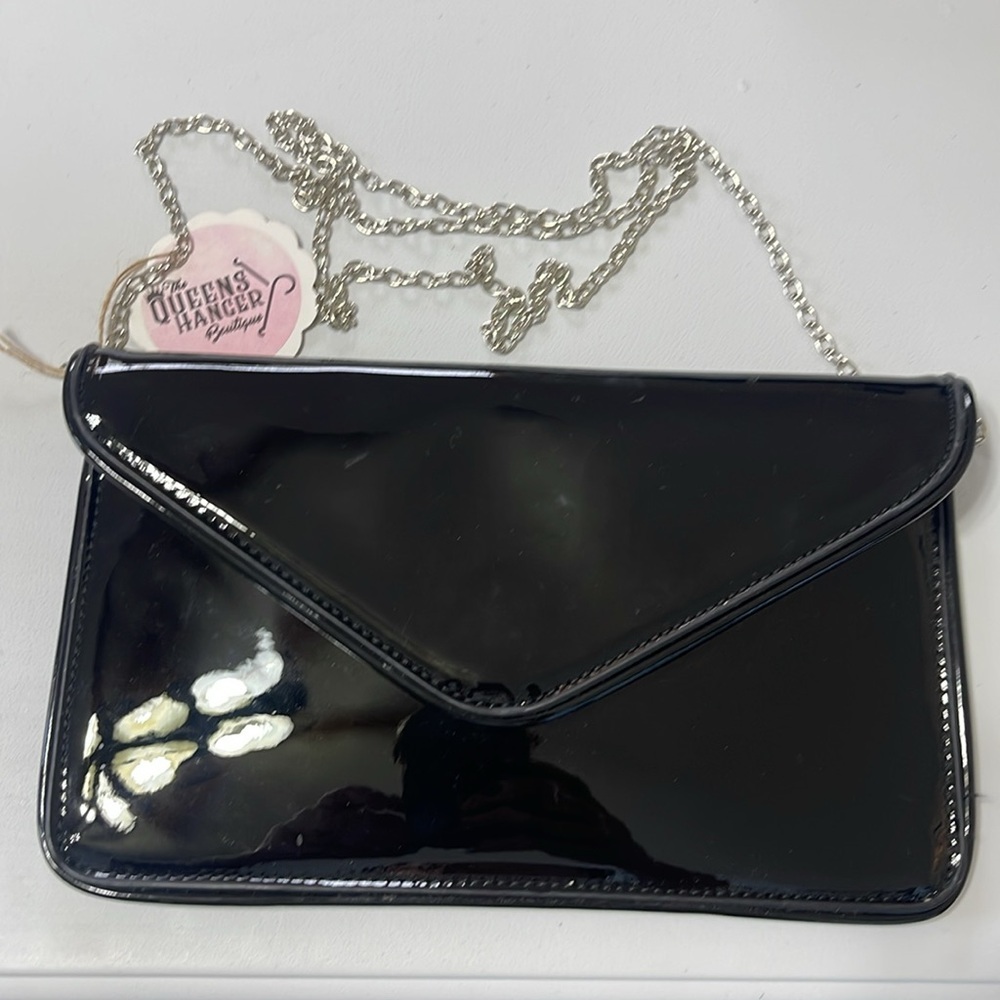 Black Patent Leather Crossbody Clutch Bag Removable Silver Chain Magnet Closure